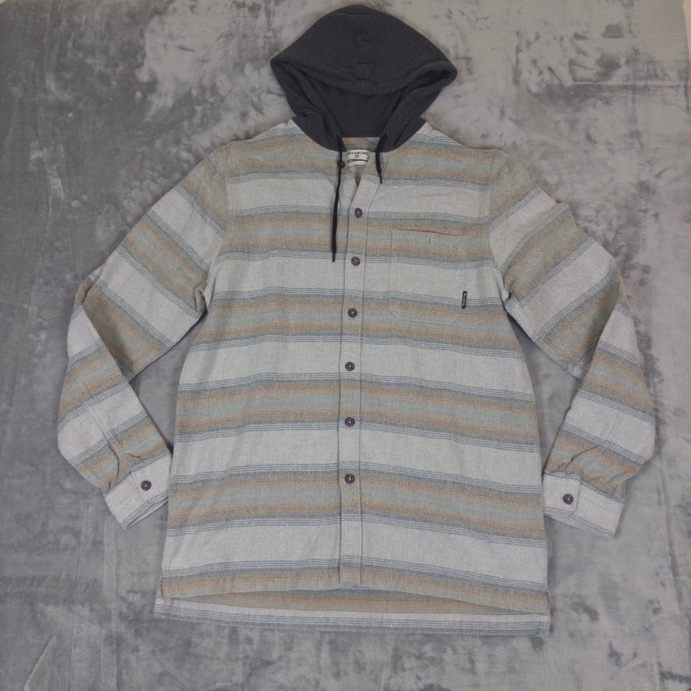 Billabong Hooded Flannel Shirt Mens XL Gray Striped Core Fit Stretch Surf Skate